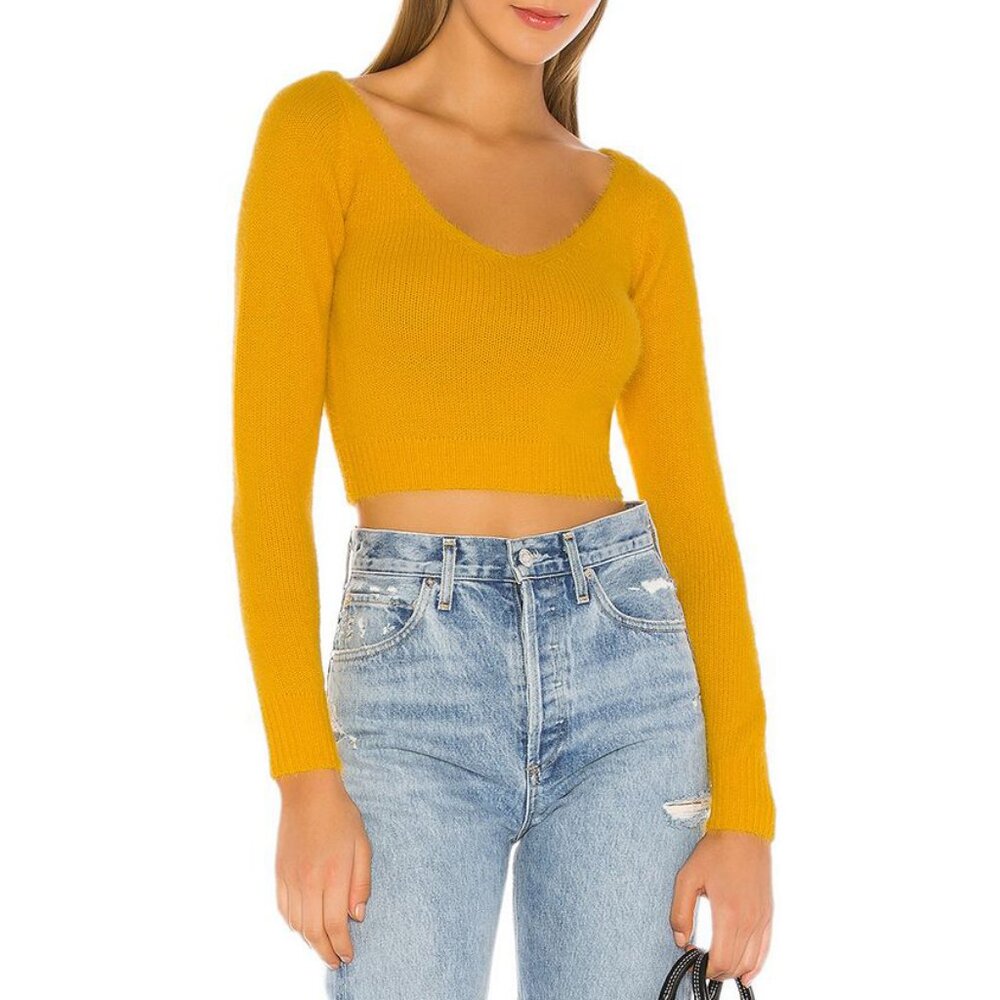 Superdown Kendra Crop Top Fuzzy Knit V-Neck Sweater Marigold S revolve